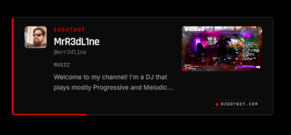 Twitch shoutout overlay card showing streamer MrR3dL1ne, their category and channel bio